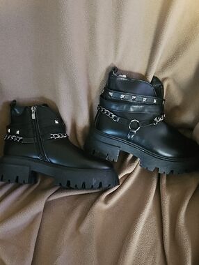 Olivia Miller Black Stud & Chain Chunky Ankle Boots